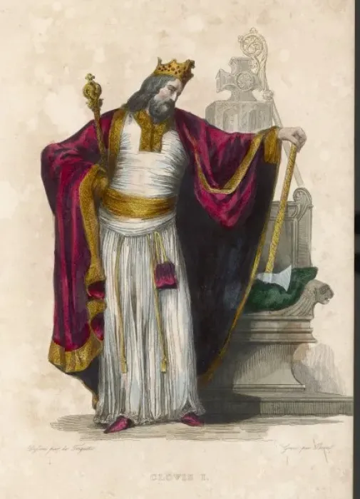 Impresión enmarcada : CLOVIS I. Clovis I rey de los francos está de pie frente al trono sosteniendo Impresión enmarcada : CLOVIS I. Clovis I rey de los francos está de pie frente al trono sosteniendo