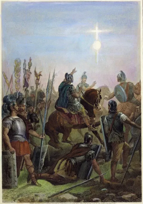 Impresión enmarcada : CONVERSIÓN DE CONSTANTINO. Conversión del emperador romano Constantino I (280?-337) en el Puente Milvio en 312: aguafuerte de acero, americana, 1869. Impresión enmarcada : CONVERSIÓN DE CONSTANTINO. Conversión del emperador romano Constantino I (280?-337) en el Puente Milvio en 312: aguafuerte de acero, americana, 1869.