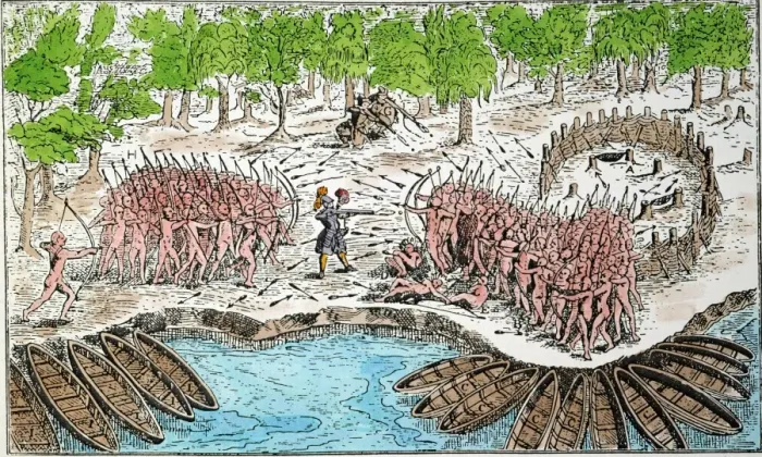 Impresión enmarcada : SAMUEL DE CHAMPLAIN. Champlain (centro), con dos harquebusiers franceses (arriba) y algonquinos amistosos (izquierda) derrotan a una partida de guerra iroquesa en el sitio actual de Ticonderoga en Lake Champlain, 29 julio 1609. Grabado coloreado desde los Viajes de Champlains (1613).