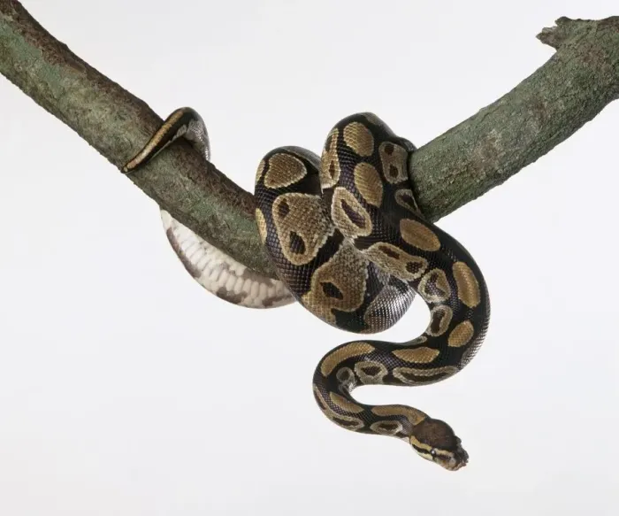 Impresión enmarcada : La serpiente real (Python regius), enrollada alrededor de una rama de árbol. Impresión enmarcada : La serpiente real (Python regius), enrollada alrededor de una rama de árbol.