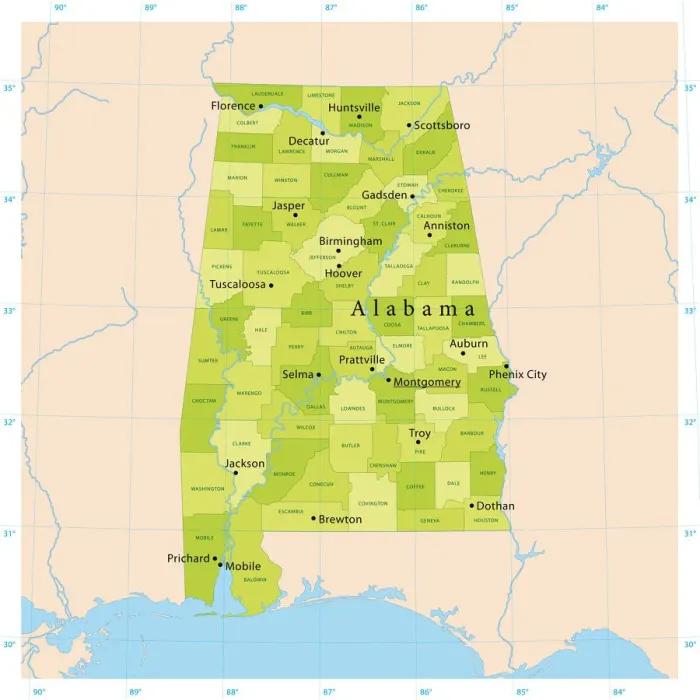 Impresión enmarcada : Mapa Vector de Alabama Impresión enmarcada : Mapa Vector de Alabama