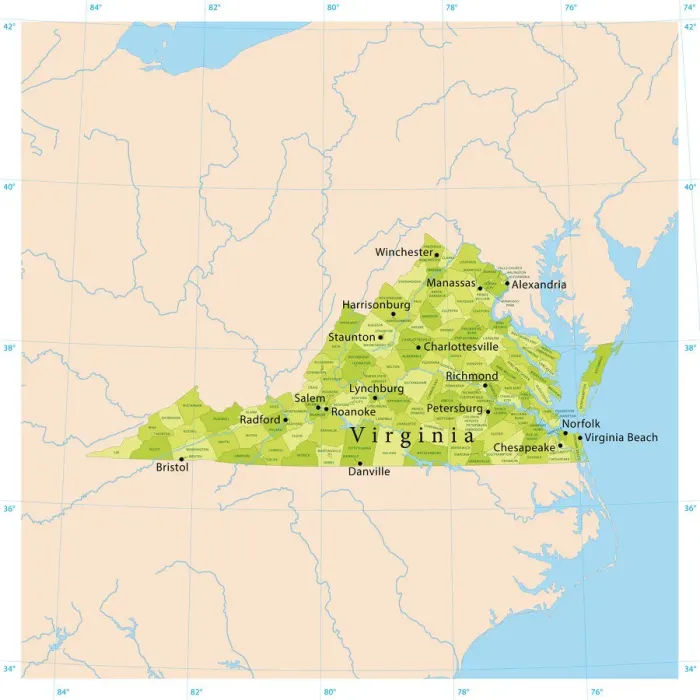 Impresión enmarcada : Mapa de Vector de Virginia Impresión enmarcada : Mapa de Vector de Virginia