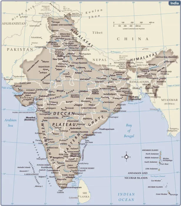 Impresión enmarcada : Mapa del país de la India. Impresión enmarcada : Mapa del país de la India.