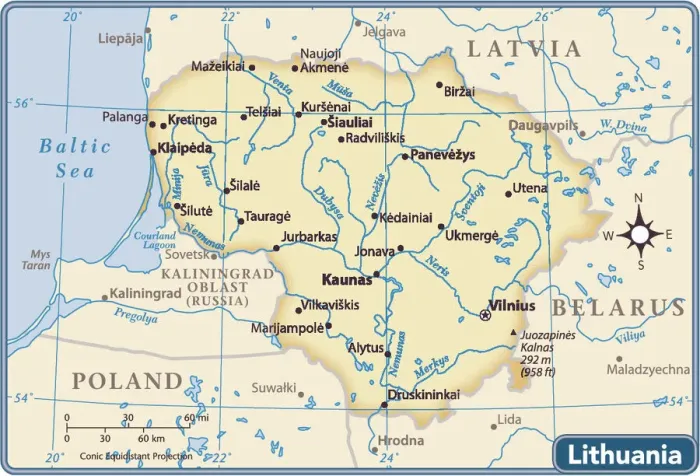 Impresión enmarcada : Mapa del país de Lituania.