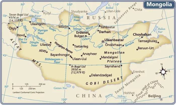 Impresión enmarcada : Mapa del país de Mongolia.