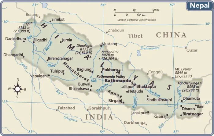 Impresión enmarcada : Mapa del país de Nepal. Impresión enmarcada : Mapa del país de Nepal.