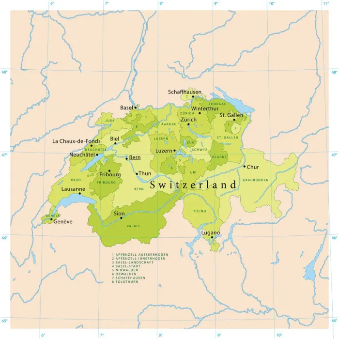 Impresión enmarcada : Mapa Vector de Suiza. Impresión enmarcada : Mapa Vector de Suiza.