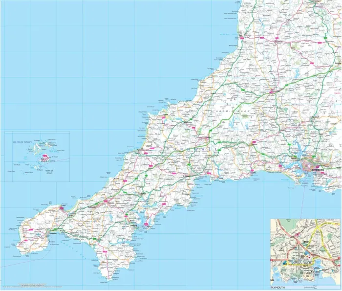 Impresión enmarcada : Mapa de Carreteras del Condado de Cornwall Impresión enmarcada : Mapa de Carreteras del Condado de Cornwall