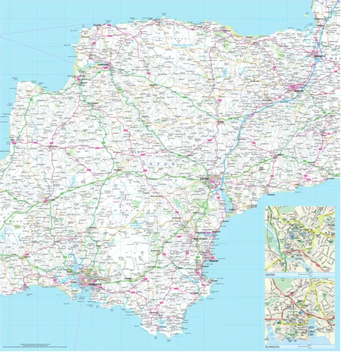 Impresión enmarcada : Mapa de Carreteras del Condado de Devon. Impresión enmarcada : Mapa de Carreteras del Condado de Devon.