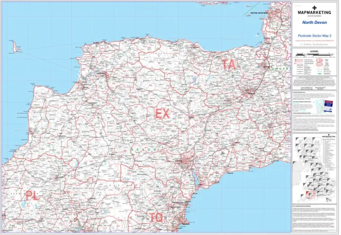 Impresión enmarcada : Mapa de sector postal hoja 2 Norte de Devon. Impresión enmarcada : Mapa de sector postal hoja 2 Norte de Devon.