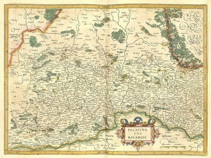 Impresión enmarcada : Atlas, mapa de 1623, Palatina y Bavariae.