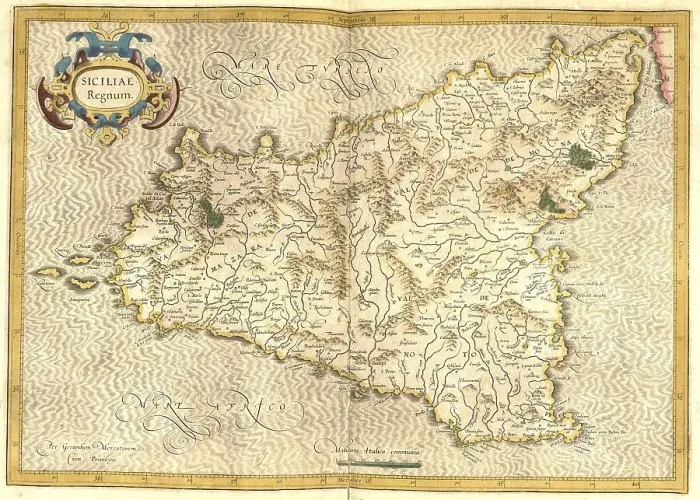 Impresión enmarcada : Atlas, mapa de 1623, Sicilia, Italia.
