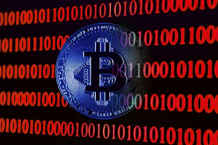 Impresión enmarcada : 'Bitcoin con código binario'. Impresión enmarcada : 'Bitcoin con código binario'.
