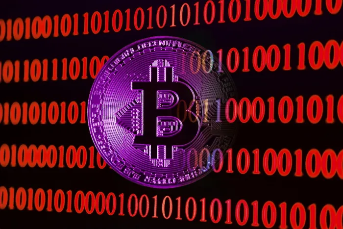 Impresión enmarcada : 'Bitcoin con código binario'.
