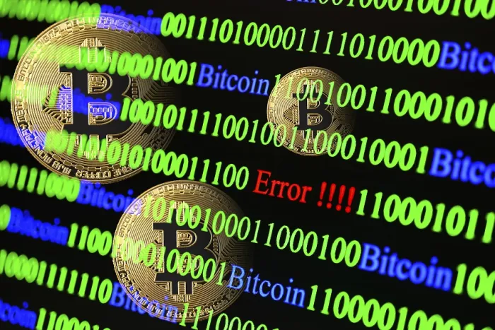 Impresión enmarcada : 'Bitcoin, código binario con letra Error'.