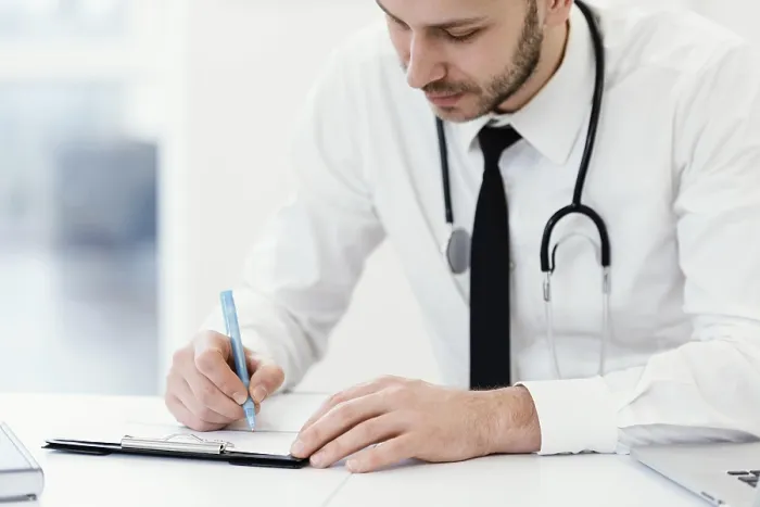 Impresión enmarcada : Un médico escribiendo de cerca. Impresión enmarcada : Un médico escribiendo de cerca.