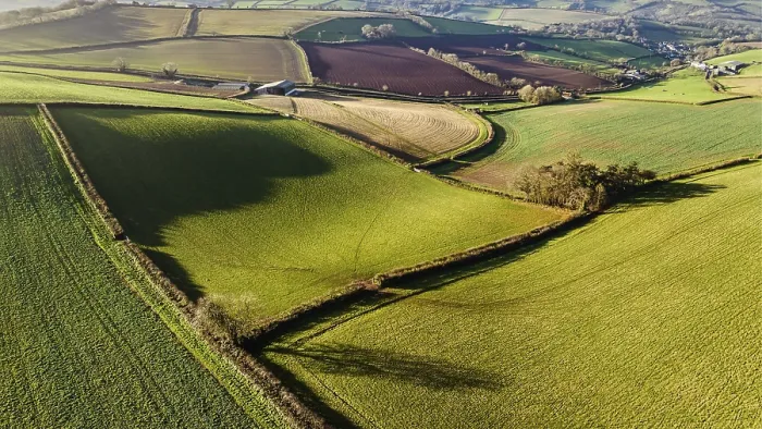Impresión enmarcada : Campos y granjas desde un dron, Devon. Impresión enmarcada : Campos y granjas desde un dron, Devon.