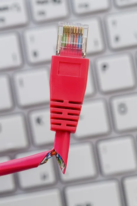 Impresión enmarcada : Un cable de red rojo de una computadora. Impresión enmarcada : Un cable de red rojo de una computadora.