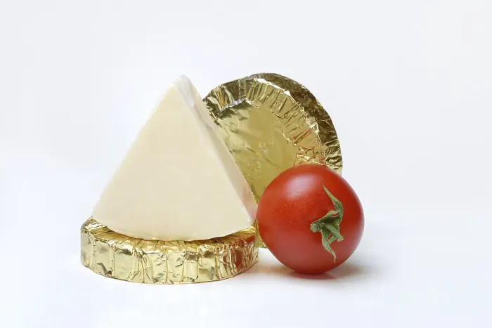 Impresión enmarcada : Queso procesado redondo y triangular con tomate. Impresión enmarcada : Queso procesado redondo y triangular con tomate.