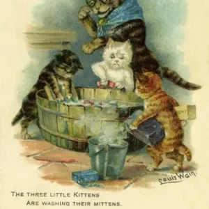 19th Century Print: Three Little Kittens Washing Mittens