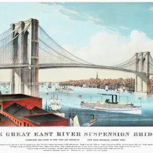 Print of the Brooklyn Bridge, a lithograph from 1883 Print of the Brooklyn Bridge, a lithograph from 1883