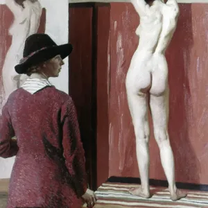 Laura Knight Print: Self-portrait with nude model, oil on canvas