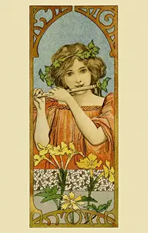 Impresiones de Mujer tocadora de pífano en un entorno Art Nouveau. Fecha: circa 1895 Alphonse Mucha Imprime: Alfonso Mucha