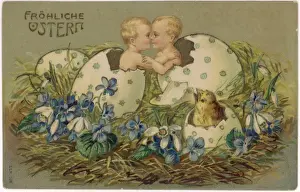Decorated Easter Eggs Imprime: Two babies and a chick hatching out of Easter eggs