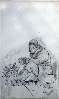 Royal Warwickshire Regiment History Imprime: Bert warming himself by a brazier