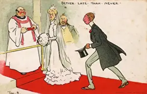 Impresiones de Mejor Tarde Que Nunca - un novio se apresura para subir al pasillo y estar junto a su novia, quien no está nada impresionada por el retraso de él. Fecha: 1903 Tom Browne Imprime: Más vale tarde que nunca