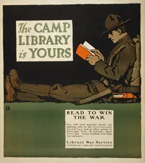 WWI Recruitment Posters Imprime: The camp library is yours - Read to win the war