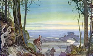 Impresiones de Una ilustración en color de Alfred Bestall mostrando una escena fantástica donde un grupo de viajeros son espionados desde el bosque por parte de un centauro y unas imas femeninas D Imprime: La última caravana de A.E.Bestall