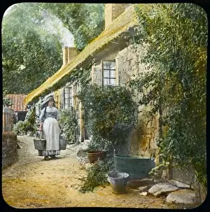 Vintage Rural Landscape Imprime: Fetching Water from Well