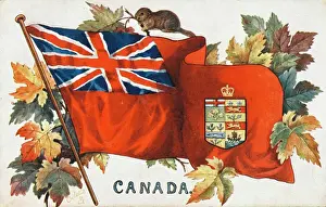 Impresiones de La bandera de Canadá completa con hojas de manzana otoñales y un castor. Muestra la inscripción del distintivo provincial canadiense en la bandera, con corona británica encima Imágenes Relacionadas Imprime: Bandera de Canadá
