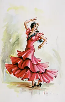 Impresiones de Una bailarina de flamenco en un vestido rojo adopta una postura dominante España Imprime: Bailarina de flamenco