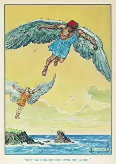 Impresiones de Dádafo es animó a su hijo Íkaris para volar desde la isla de Creta hasta el sol, pero el sol derritió con lo que las alas estaban unidas y Íkaris cayó en el mar Grecia Imprime: Icaro y Dédalo