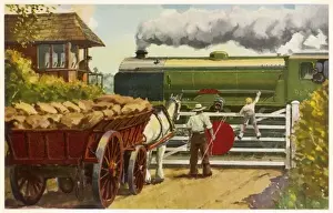 Vintage Railway Scene Imprime: At a Level Crossing