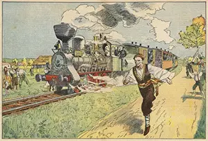 Impresiones de El campesino montenegrino Yoyin Milovich afirma que puede correr más rápido que un tren yugoslavo, y lo demuestra al vencerlo en una carrera entre Bar y Sutormán Montenegro Imprime: Races del hombre en un tren