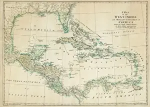 Impresiones de El Caribe con las Indias Occidentales y los costas de Estados Unidos y las posesiones españolas que más tarde se convirtieron en Tejas e México, y la costa norte del Sur América Imágenes Relacionadas Imprime: Mapa del Caribe
