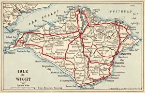 Impresiones de Carta del Isla de Wight, mostrando las principales carreteras (marcadas en rojo) y la red ferroviaria interior del Islote. Fecha: 1910 Mapa Imprime: Carta del Isla de Wight