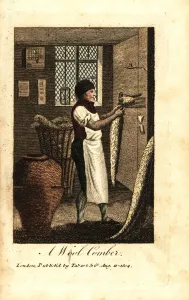 Handcoloured Woodcut Engravings Imprime: Wool comber using heated wool combs to pull