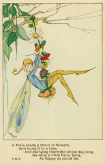 Vintage Fairy Illustrations Imprime: Pixie making a chain of flowers