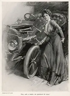Vintage Motoring History Imprime: Puncturing Tyres