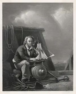 Vintage Sailor Artwork Imprime: Sailor with Model Ship