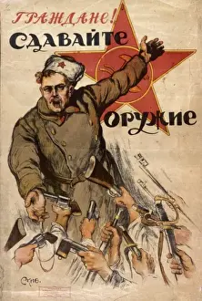 Impresiones de Póster de la propaganda soviética: un oficial del Ejército Rojo que teme el desorden social durante una huelga pide a los ciudadanos que entreguen sus armas Rusia Imprime: Póster de la propaganda soviética