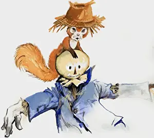 Wildlife In The Countryside Imprime: Squirrel on a scarecrow