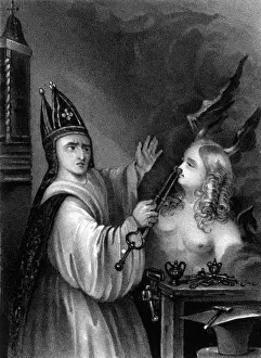 Impresiones de ARZOBISPO DE CANTERBURY, y Santo A veces los artistas lo representaban sujetando al diablo por la nariz con una pala de tijeras, como aquí Fecha: 924 - 988 San Dunstan Imprime: San Dunstán y el Diablo.