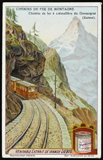 Impresiones de Los suizos tienen más montañas que la mayoría de las personas y también más vías férreas para llevarlos arriba. Esta es la vía del tren eléctrico a rueda de Gernergrat, que comienza en Zermatt Suiza Imprime: Carrera Férrea de los Alpes Suizos