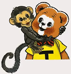 Teddy Bear Illustration Imprime: Teddy Bear with Monkey