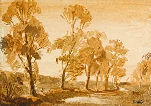 Vintage Rural Landscape Imprime: Trees along a river